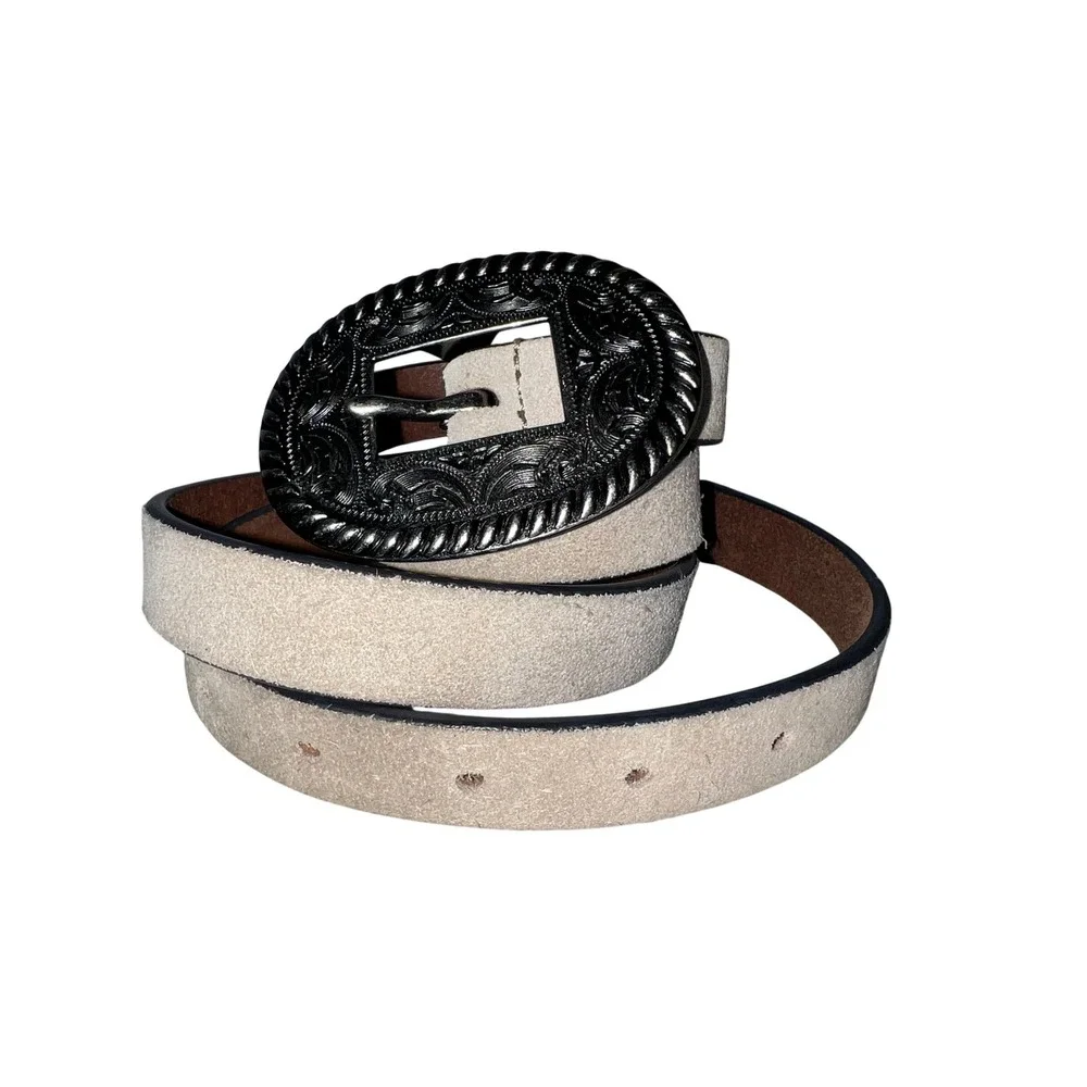 Lucky Brand Womens Suede Western Belt Beige Silver Engraved Buckle Sz M Medium‎